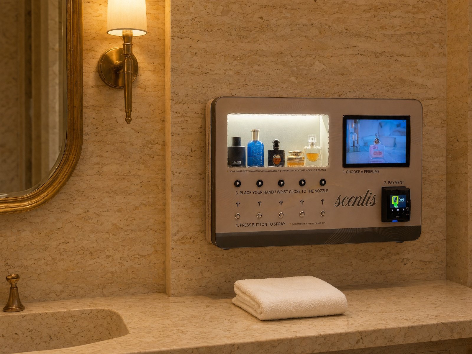 Scentis fixture installed in a luxury hotel bathroom beside a brass mirror