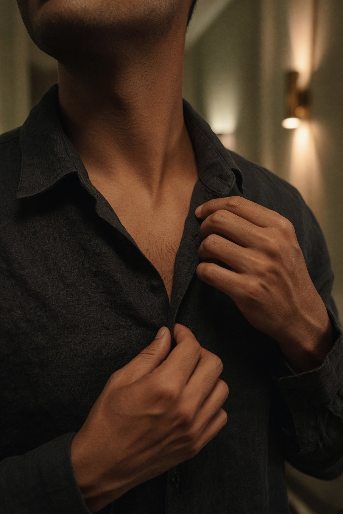 A guest adjusting his collar in a warmly lit venue corridor