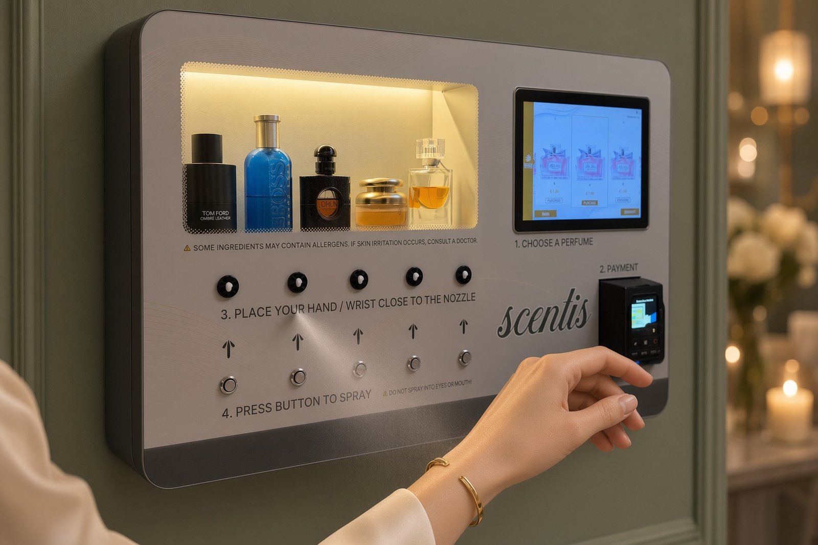 A hand pressing a button on the Scentis wall-mounted fragrance fixture in an upscale venue
