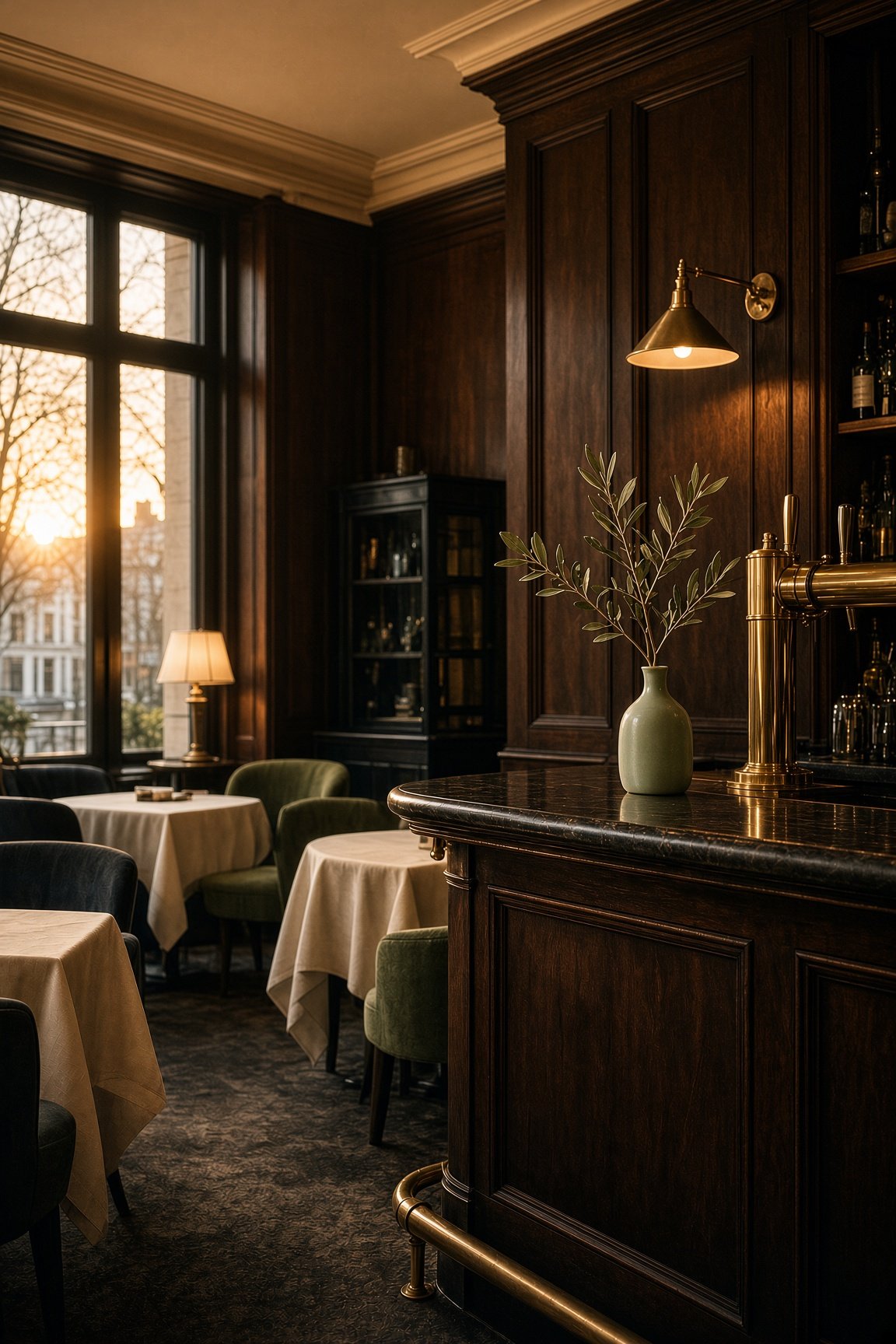 An intimate upscale London bar at golden hour with dark wood paneling, brass fixtures, and olive sprig